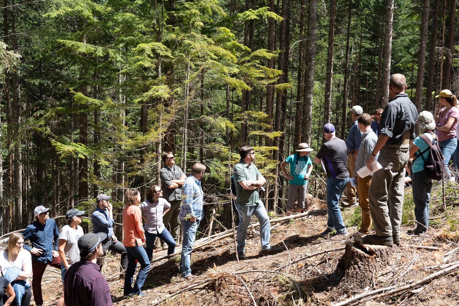 Equipo de Viejas Cortezas en terreno con la comunidad en un entorno forestal